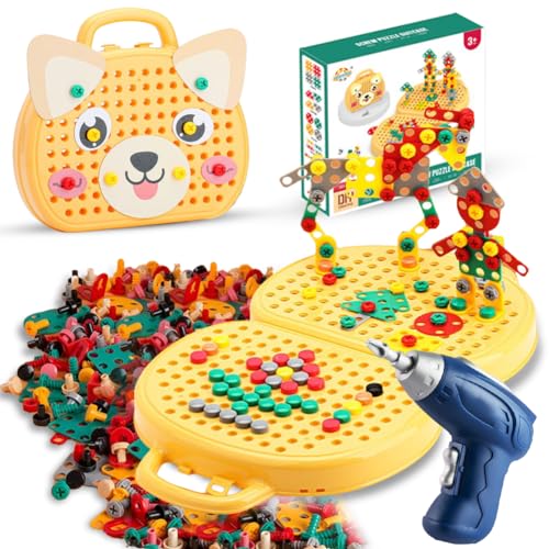 Magic Montessori Play Toolbox, Montessori Spielzeugkiste Steckspiel Mit Bohrmaschine Montessori Spielzeug ab 3 Jahre,3D Puzzle Mosaik Toy Creativity Tool Box with Drill für Kinder von 3-12 Jahren,Hund von Fouvin