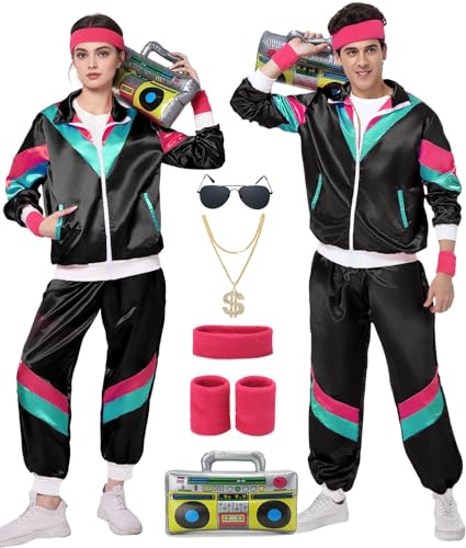 FOVER 80er Jahre Outfit Herren Damen Kostüm Trainingsanzug Pop Art Retro Stil Kostüm Accessoires set mit Aufblasbares Radio Sonnenbrille Halskette Schweißband set für Mottoparty Fasching Schwarz 15M von FOVER