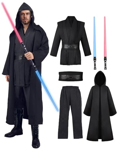 Fover Jedi Kostüm für Herren mit Blau Lightsaber Obi Wan Kenobi Tunika Kapuzenmantel Outfit Umhang mit Kapuze Mittelalterlich Hoodies Jedi Robe Halloween Karneval Cosplay Set für Erwachsene FR024XL von Fover