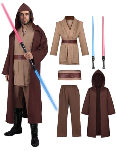 Fover Jedi Kostüm für Herren mit Blau Lightsaber Obi Wan Kenobi Tunika Kapuzenmantel Outfit Umhang mit Kapuze Mittelalterlich Hoodies Jedi Robe Halloween Karneval Erwachsene 023-XL von Fover