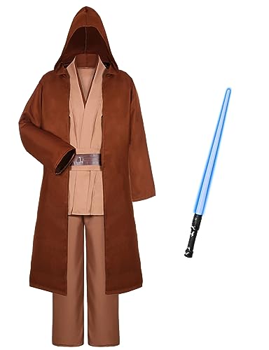 Fover Jedi Kostüm für Herren mit Blau Lightsaber Obi Wan Kenobi Tunika Kapuzenmantel Outfit Umhang mit Kapuze Mittelalterlich Hoodies Jedi Robe Halloween Karneval Erwachsene 023XLA von Fover