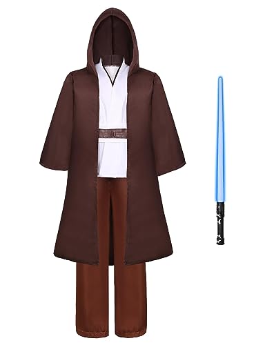 Fover Jedi Kostüm für Kinder mit Blau Lightsaber Obi Wan Kenobi Tunika Kapuzenmantel Outfit Umhang mit Kapuze Mittelalterlich Hoodies Jedi Robe Halloween Karneval Cosplay Set für Kind FR025XL von Fover