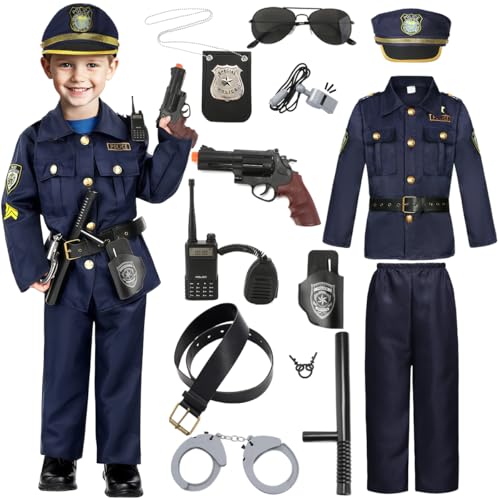 Fover Polizei Kostüm Kinder Jungen 12pcs Polizei Ausrüstung Polizeikelle Polizeisignal Polizeimütze Hemd Walkie Talkie Polizei Spielzeug Set Halloween Karneval Geburtstag Polizei Kostüm FR010XS von Fover