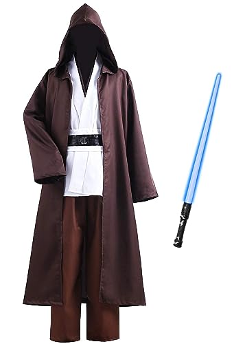 Jedi Kostüm für Herren mit Blau Lightsaber Obi Wan Kenobi Tunika Kapuzenmantel Outfit Umhang mit Kapuze Mittelalterlich Hoodies Jedi Robe Halloween Karneval Cosplay Set für Erwachsene FR022L von Fover