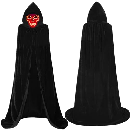 Sensenmann Kostüm Umhang mit Kapuze mit Horror EL Maske Halloween Skelett Kostüm Umhang Set für Damen Herren Vampir Umhang Mittelalter Kapuzenumhang Grimm Reaper Kostüm Samt Schwarz FR020L von Fover