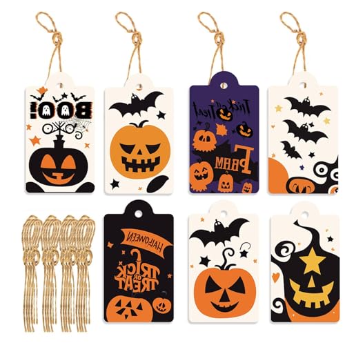 Foway Halloween-Themen-Tags, -Tags - 80 Stück Süßes oder Saures-Tags mit Schnur - -Fledermaus-Anhänger, 8 Stile, Halloween-Papieranhänger für Halloween-Party-Geschenk-Süßigkeitstüten von Foway