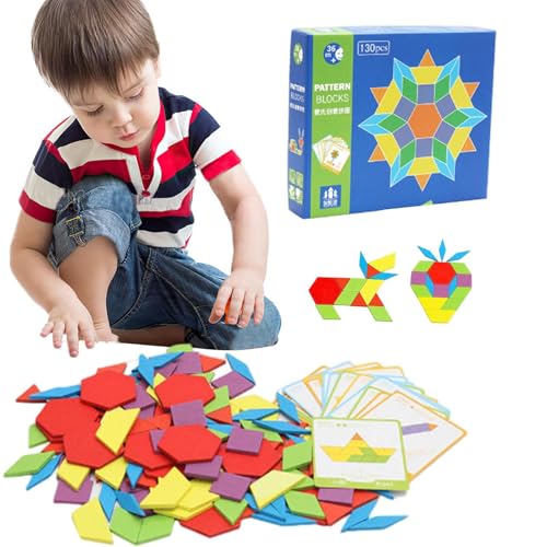 Foway Holzmusterblock, Holz-Tangram-Blöcke im 130er-Set, Ab 3 Jahren Formspiele für Kinder im Vorschulalter, Homeschool-Zubehör, Vorschul-Lernspiele, Formmanipulative für Kinder von Foway