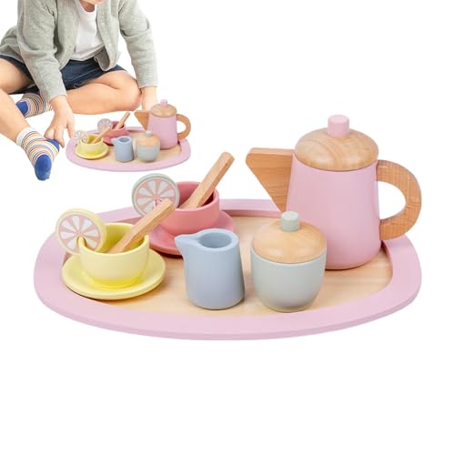 Foway Holzteepartys Set, Tee -Set,Teekannen Tassen Löffel Kuchen Tee Time Playset - Wiederverwendbares Täuschung Spielen Essen, tragbare Handübungsspielzeug für und Kinder Geburtstag von Foway