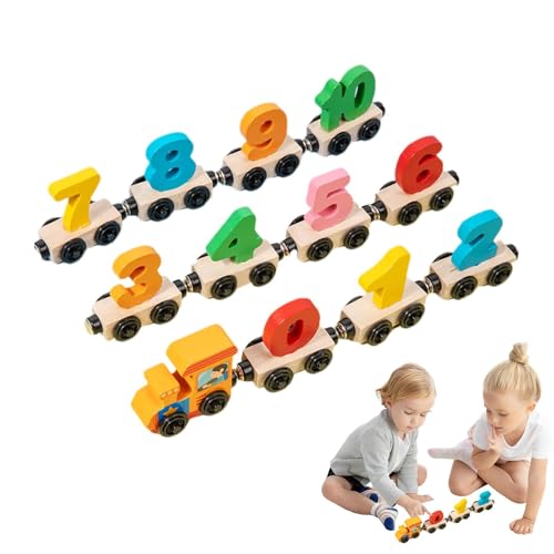 Foway Magnetischer Zug aus Holz, Magnetischer Holzzug | Zugnummer für Kleinkinder,Set mit 12 Eisenbahnwaggons, pädagogisches Eisenbahn-Spielset zum Aufbau von Fähigkeiten für und Mädchen im Alter von von Foway