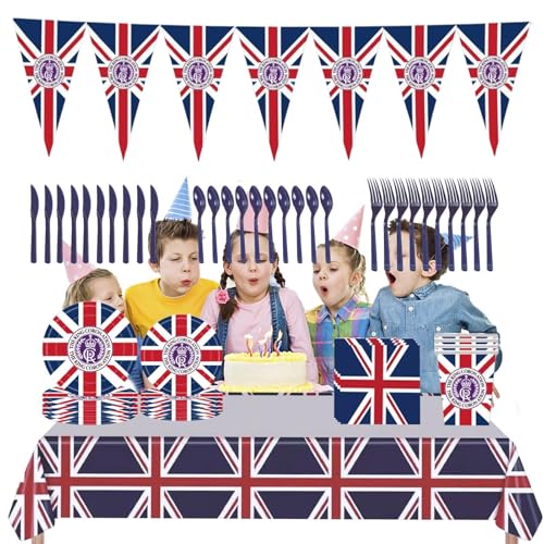 Foway Partyteller mit britischer Flagge | Geschirrset mit Union-Jack-Muster für 16 Personen - Umweltfreundliches Partyzubehör, Partydekorationen in Lebensmittelqualität für Kinder, Mädchen von Foway