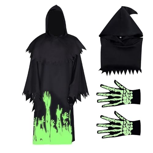 Foway Reaper-Kostüm, Schwarze Kapuzenrobe,Reaper Halloween Kinder Cape | Im Dunkeln leuchtende Death Reaper-Halloween-Feiertagskostüme für Partys, Cosplay und Bühnenauftritte von Foway