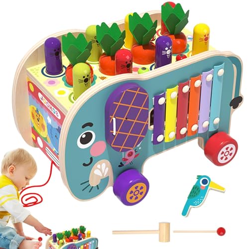 Foway Spielwürfel-Aktivitätscenter, Aktivitätscenter aus Holz für Kinder - Lernspielzeug mit Tierlabyrinth und rotierendem Zahnrad - 8-in-1-Design-Aktivitätsanhänger, Elef -Thema, verbessert die von Foway