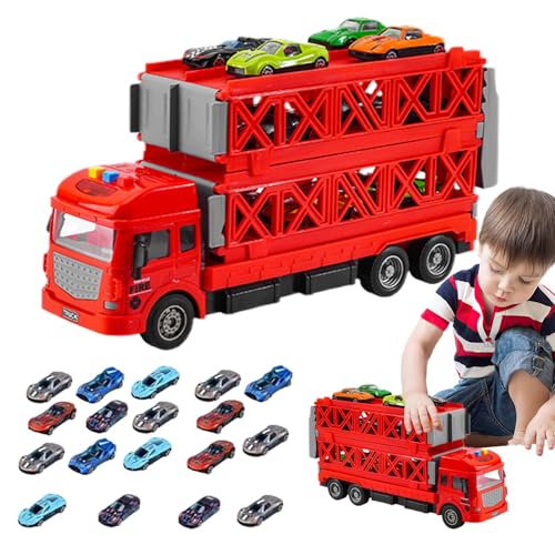 Foway Transporter-Autospielzeug, Transport-LKW-Spielzeug - 2-lagiges Autorennbahn-Spielset | Zusammenklappbares Transportträger-Set, Auto-Aufbewahrungstransporter mit Auswurf-Rennstrecke, Licht und von Foway