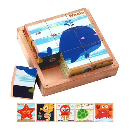 Foway Würfelpuzzle mit Ablagefach, Blockpuzzles für Kinder, 3D-Holzpuzzle mit Tiermotiven, Holzpuzzle zum Thema Meer, pädagogische Blockpuzzles für Kleinkinder, Mädchen und von Foway