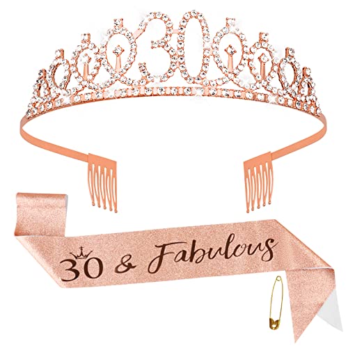 Fowecelt 30. Geburtstag Schärpe Tiara - Roségold Geburtstag Königin Tiara und Schärpe für Frauen, Strass Kronen Kit für 30 Geburtstag Geschenke, Kristall Tiara Satin Schärpe für 30 Geburtstag Party von Fowecelt