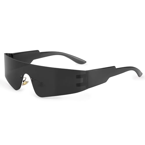 Fowecelt Futuristische Sonnenbrille Space Brille - Rave Sonnenbrille Schnell, Futuristische Brille Schwarz, Rahmenlos Verspiegelte Techno Partybrille für Rollenspiel Halloween Zukunft Kostüm von Fowecelt