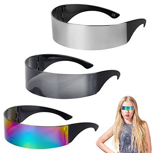 Fowecelt Schnelle Brille Rave Sonnenbrille - 3 Stück Zurück in die Zukunft Kostüm, Futuristische Sonnenbrille Space Brille Rahmenlos Verspiegelte Techno Partybrille für Rollenspiel Halloween von Fowecelt