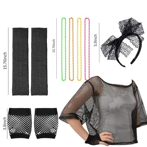 Foweknow 1980S Party Kostüm Zubehör Set Damen Mesh Tshirt Haarreif Halskette Handschuhe Beinstulpen Set 80Er Jahre Outfit Damen Abschlussball Festliche Oberteile Accessoires Sets von Foweknow