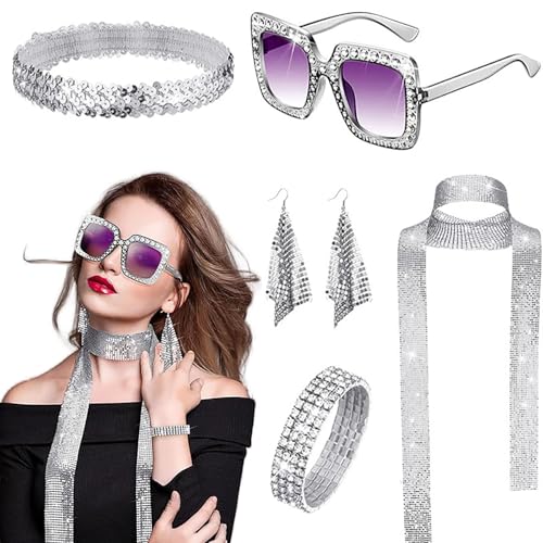 Foweknow 70Er Jahre Disco Outfit Damen Accessories 70Er 80Er Disco Pailletten Kostüm Zubehör Haarband Ohrringe Halskette Armband Sonnenbrille 5 Stück Für Fasching Party Karneval von Foweknow