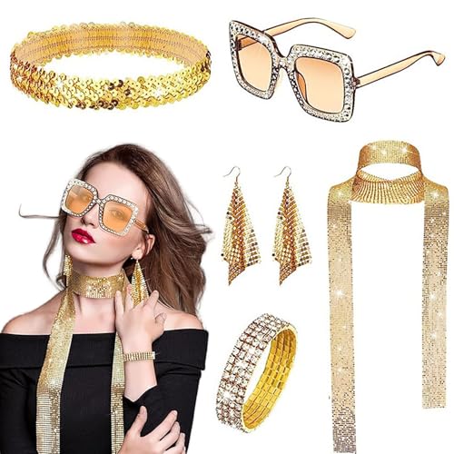 Foweknow 70Er Jahre Disco Outfit Damen Accessories 70Er 80Er Disco Pailletten Kostüm Zubehör Haarband Ohrringe Halskette Armband Sonnenbrille 5 Stück Für Fasching Party Karneval von Foweknow