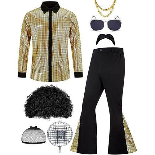 Foweknow 70Er-Jahre Disco Outfit Herren Dude Paillettenhemd Schlaghose Set Mit Perücke Sonnenbrille Disco Zubehör Abschlussball Bühnenshow Kleidung Accessoires Karneval Kostüm von Foweknow