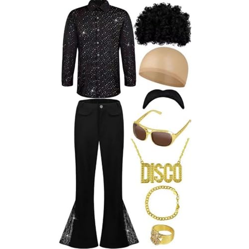 Foweknow Herren 70Er Jahre Disco Outfit Kostüm Zubehör Set Hippie Paillettenhemd Schlaghosen Set Perücken Halskette Schnurrbart Sonnenbrille Karneval Kostüm Accessoires Party Clubwear von Foweknow