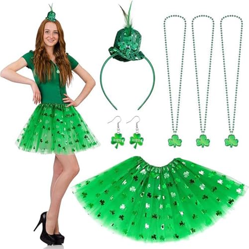 Foweknow St.Patrick'S Day Kostüm Zubehör Set Erwachsene Irisches Stirnband Halskette Ohrringe Tüllrock 4 Teilig Tutu Rock Minirock Performance Kostüm Accessoires Sets Für Mottoparty von Foweknow