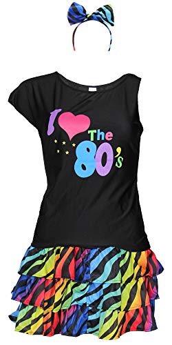 Foxxeo 80er Jahre Damen Kostüm - buntes Tutu Haarreif und schwarzes neon Shirt - Größe S-XXL - Ballet Fasching Karneval Tüll Rock kurz, Größe:XL von Foxxeo