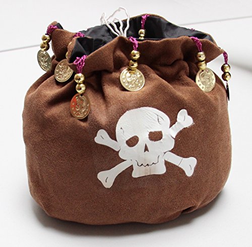 Foxxeo brauner Piratenbeutel mit Perlen und Goldmünzen Tasche zum Piraten Kostüm von Foxxeo