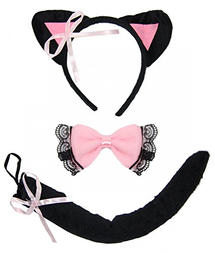 Foxxeo 35295 | Katzen Kostüm Set für Damen und Kinder | Haarreif, Fliege und Katzenschwanz | Mädchen Katze schwarz rosa Fell Katzenschwanz Katzenohren Ohren Schwanz Katzenkostüm Tierkostüm von Foxxeo