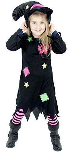 pink schwarzes Hexen Kostüm mit Hexenhut für Mädchen Kinder Fasching Karneval Halloween Flicken Größe 122-128 von Foxxeo