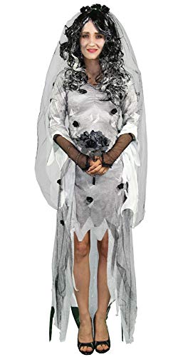 Foxxeo Gothik Geister Braut Damen Kostüm mit Schleier und Brautstrauß weißes Zombie Kleid Gotic Halloween Fasching Karneval Größe L von Foxxeo