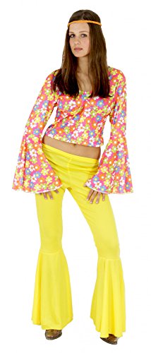 Foxxeo 60er 70er Jahre Hippie Kostüm für Damen gelbe Schlaghose und bunte Blumen Bluse Karneval Fasching Kostüm Party Größe M von Foxxeo