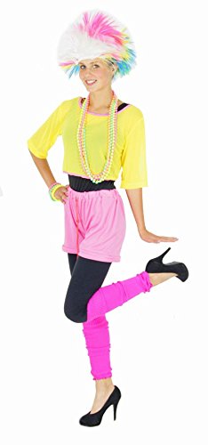 Foxxeo 80er Jahre Aerobic Kostüm für Damen Karneval Fasching Neon Party Netzshirt Größe L von Foxxeo