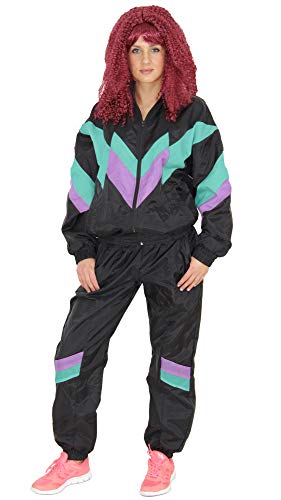 Foxxeo 80er Jahre Kostüm für Damen Premium 80s Trainingsanzug Assianzug Assi – Damen Größe S-XL - Fasching Karneval Anzug, Farbe schwarz-grün-lila, Größe: L von Foxxeo