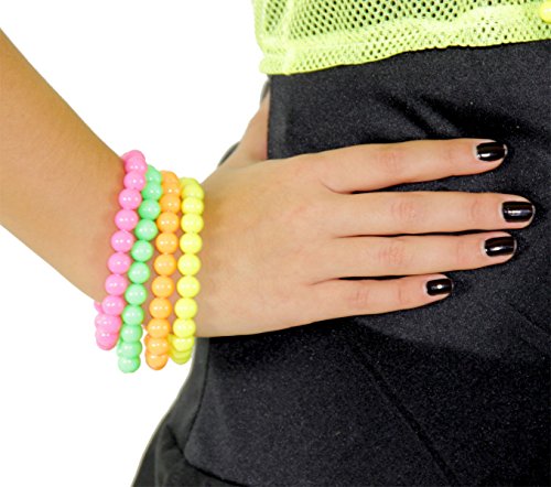 Foxxeo 80er Jahre Neon Armbänder - 4er Set - pink gelb grün orange - Accessoires Schmuck Perlen Armband zum Bad Taste Kostüm von Foxxeo