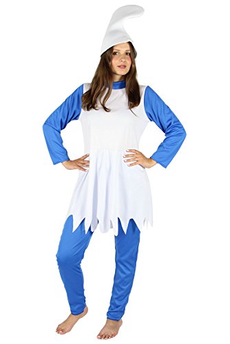 Foxxeo Blaue Zwergin Kostüm für Damen Karneval Fasching Märchen blau weiße Mütze Größe L von Foxxeo