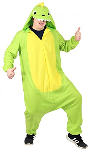 Foxxeo Dinosaurier Kostüm für Erwachsene Damen Dino Herren Overall weit grün gelb Pyjama Jumpsuit Tierkostüm Fasching Karneval Party Damenkostüm Herrenkostüm Männer Größe M von Foxxeo