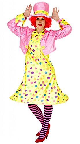 Foxxeo Lustiges gelbes Clown Kostüm mit bunten Punkten für Damen Fasching Karneval Set bestehend aus KleidJackeHutStrumpfhoseFliege GröÃŸe XXXXL von Foxxeo