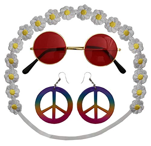 Foxxeo Schmuck Set mit Brille Peace Ohrringen und Blumen Haarband für Fasching Karneval 70er Jahre Damen Party von Foxxeo