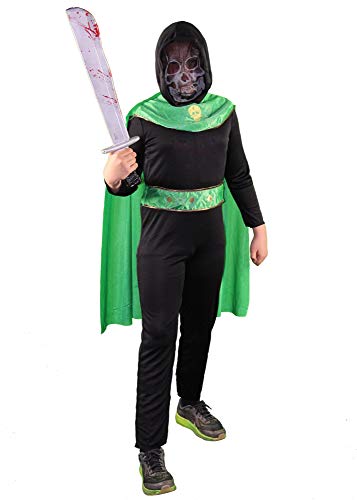 Foxxeo Schwarzes Sensenmann mit grünen Cape und Maske Halloween Kostüm für Jungen zu Halloween Kinder Größe 158-164 von Foxxeo