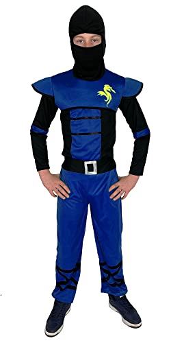 Foxxeo blaues Ninja Kostüm für Kinder - GröÃŸe 110-152 - Blauer Ninja Kämpfer für Jungen Fasching Karneval, GröÃŸe:122/128 von Foxxeo