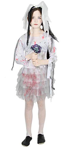 Foxxeo blutige Zombie Braut Kostüm für Kinder - Größe 122 bis 176 - weißes Brautkleid für Mädchen zu Halloween Kleid Größe 158-164 von Foxxeo