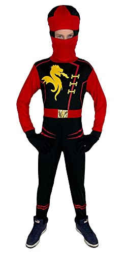 Foxxeo rotes Drachen Ninja Kostüm für Kinder - GröÃŸe 110-152 - roter Ninja Kämpfer für Jungen Fasching Karneval, GröÃŸe:122/128 von Foxxeo