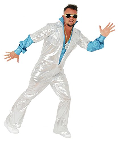 Foxxeo weißer 70er Jahre Disco Anzug für Herren Karneval Fasching Party Jumpsuit weiß türkis Größe XXL von Foxxeo