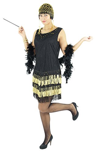 Schwarz goldenes 20er Jahre Kleid mit Fransen für Damen Elegantes Charleston Kostüm zu Fasching und Karneval Größe L von Foxxeo