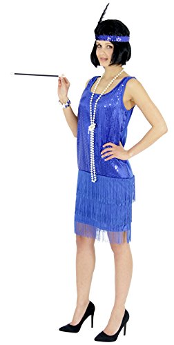 blaues 20er Jahre Pailletten-Kleid mit Fransen für Damen Elegantes Charleston Kostüm blau zu Fasching und Karneval Größe XL von Foxxeo