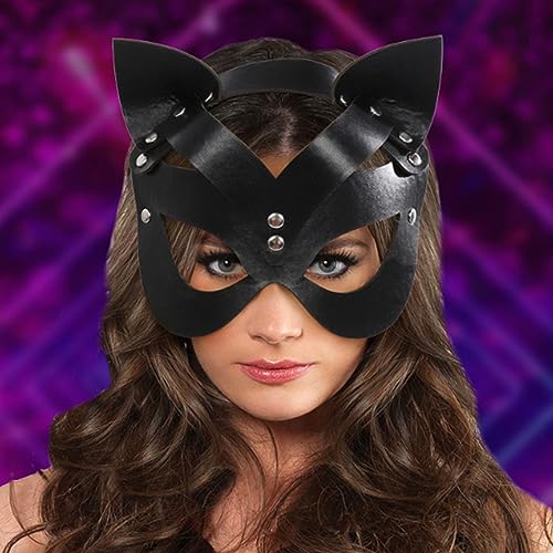 Foyte Hasen-Maske, schwarzes Leder, Halbgesichtsmaske, Damen-Kostüm, Cosplay, Filz-Augenmasken für Halloween-Party (Katze) von Foyte