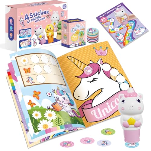 Aufkleber Stempel, 24-Seitiger Aktivitätenblock, 800 Sticker, Stempel Set Kinder Fidget Bastelspielzeug, Papeterie & Sticker, Reisespielzeug für Kleinkinder ab 3 4 5 6 Jahren-Einhornpaket von Fozcmisw