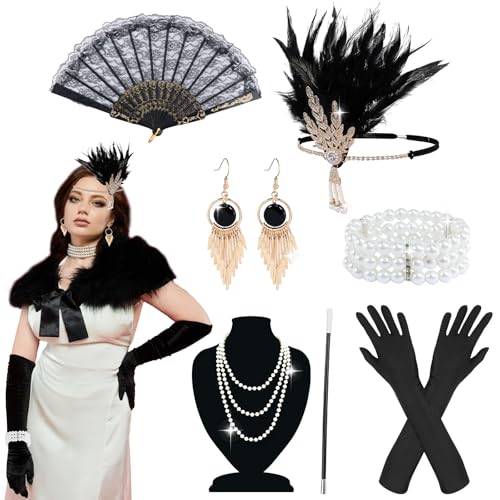 20er Jahre Kostüm Damen Accessoires, 1920er Flapper Great Gatsby Accessoires Set, Charleston Accessoires Damen mit Stirnband Armband Spitzenfächer Handschuhen Halskette Ohrringe für Karneval Halloween von Fractoluxe